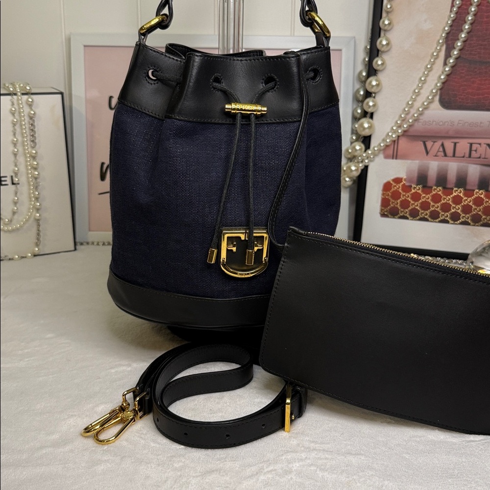 Furla Stacy Mini Bucket Bag Navy Canvas & Black Leather Crossbody EUC - Picture 4 of 9